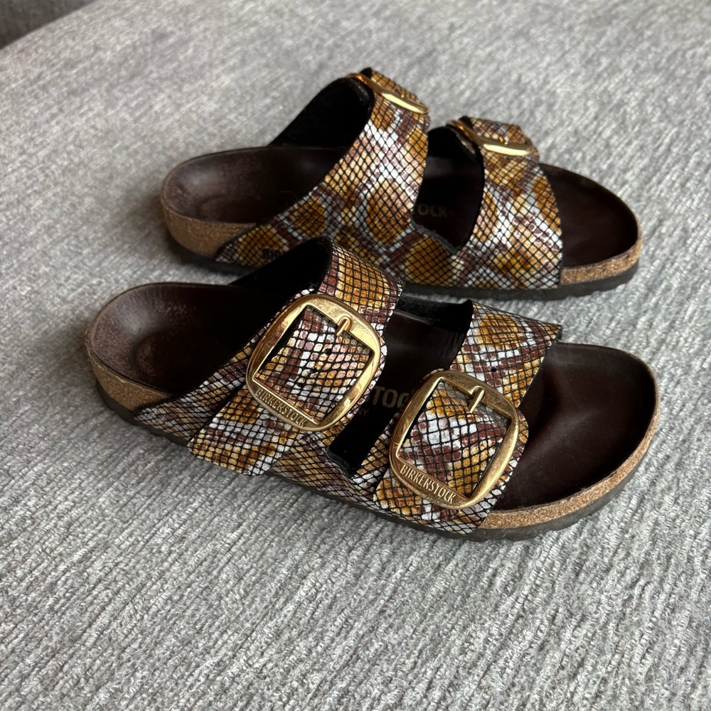 Birkenstock Brown and Gold Patterned Sandals